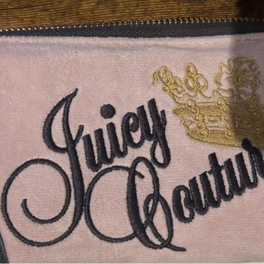 Juicy Couture Pink Velvet Cosmetic Pouch with Black Logo and Gold Crown